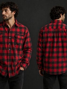 J.A.C.H.S. New York Men's Flannel Black Red  Plaid Shirt Sz Lg US Warm Vintage